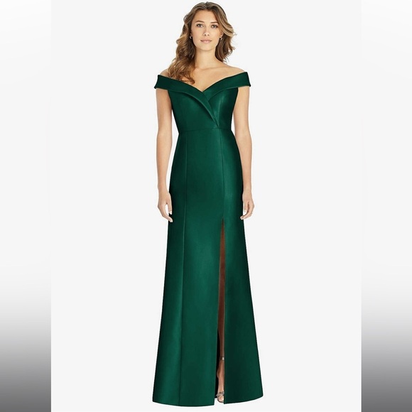 Dessy Collection- OFF-THE-SHOULDER CUFF TRUMPET GOWN WITH FRONT SLIT - Picture 1 of 12